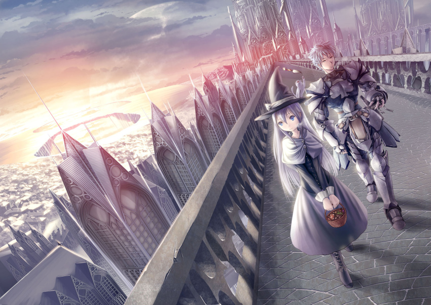 basket, castle, cityscape, dutch_angle, fantasy, foreshortening, hat, highres