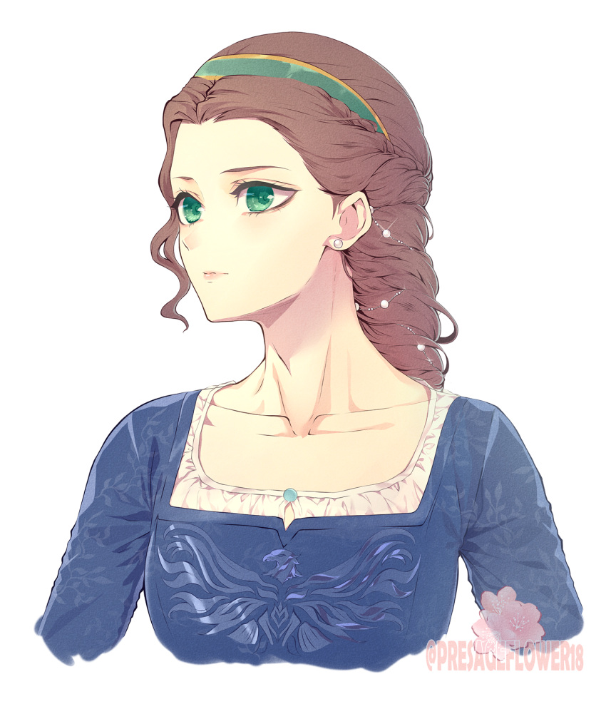 1girl, braid, braided_ponytail, brown_hair, collarbone, commentary, earrings, english_commentary