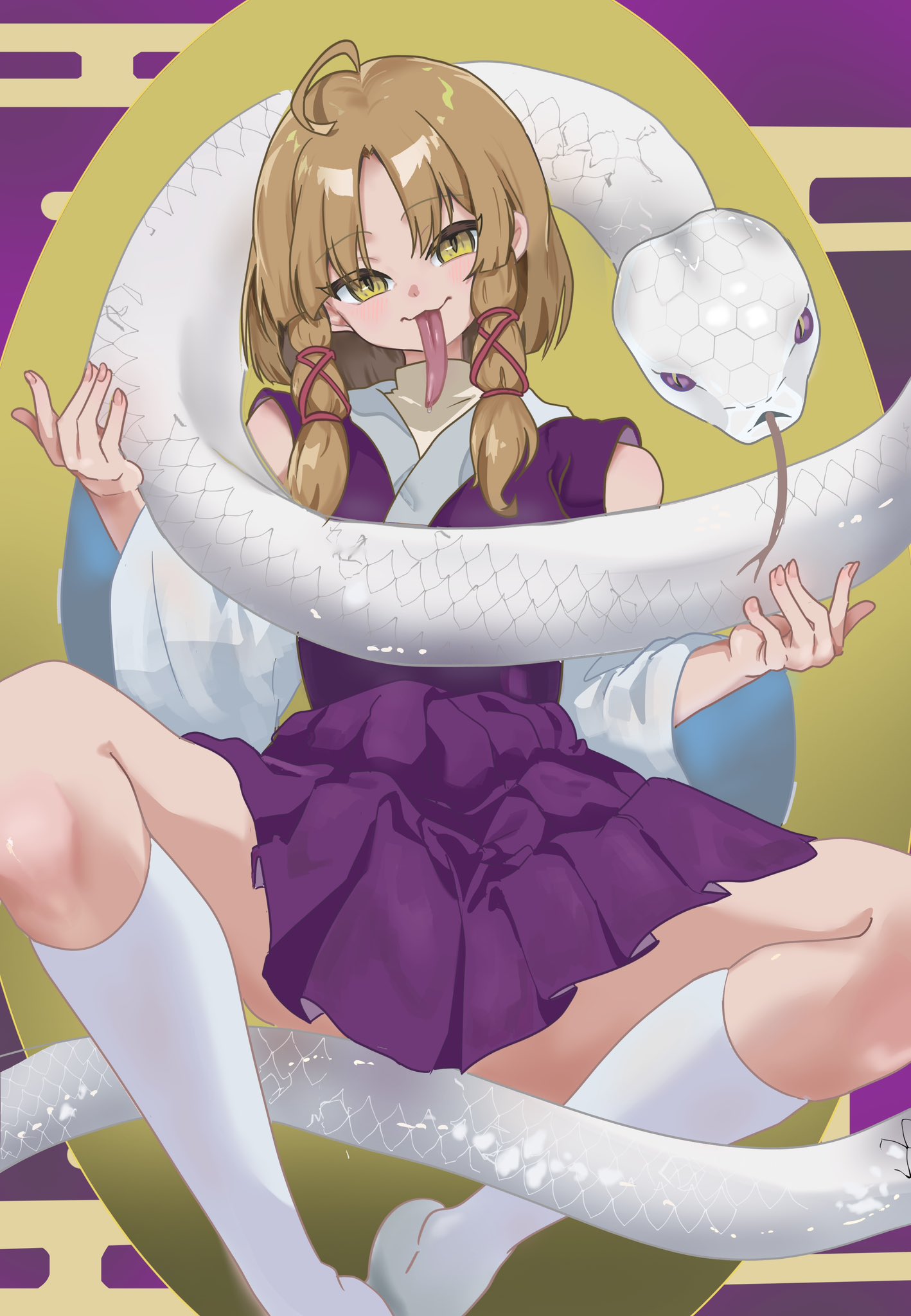 1girl, blonde_hair, chinese_zodiac, delta_delta, hair_ribbon, highres, long_tongue, looking_at_viewer