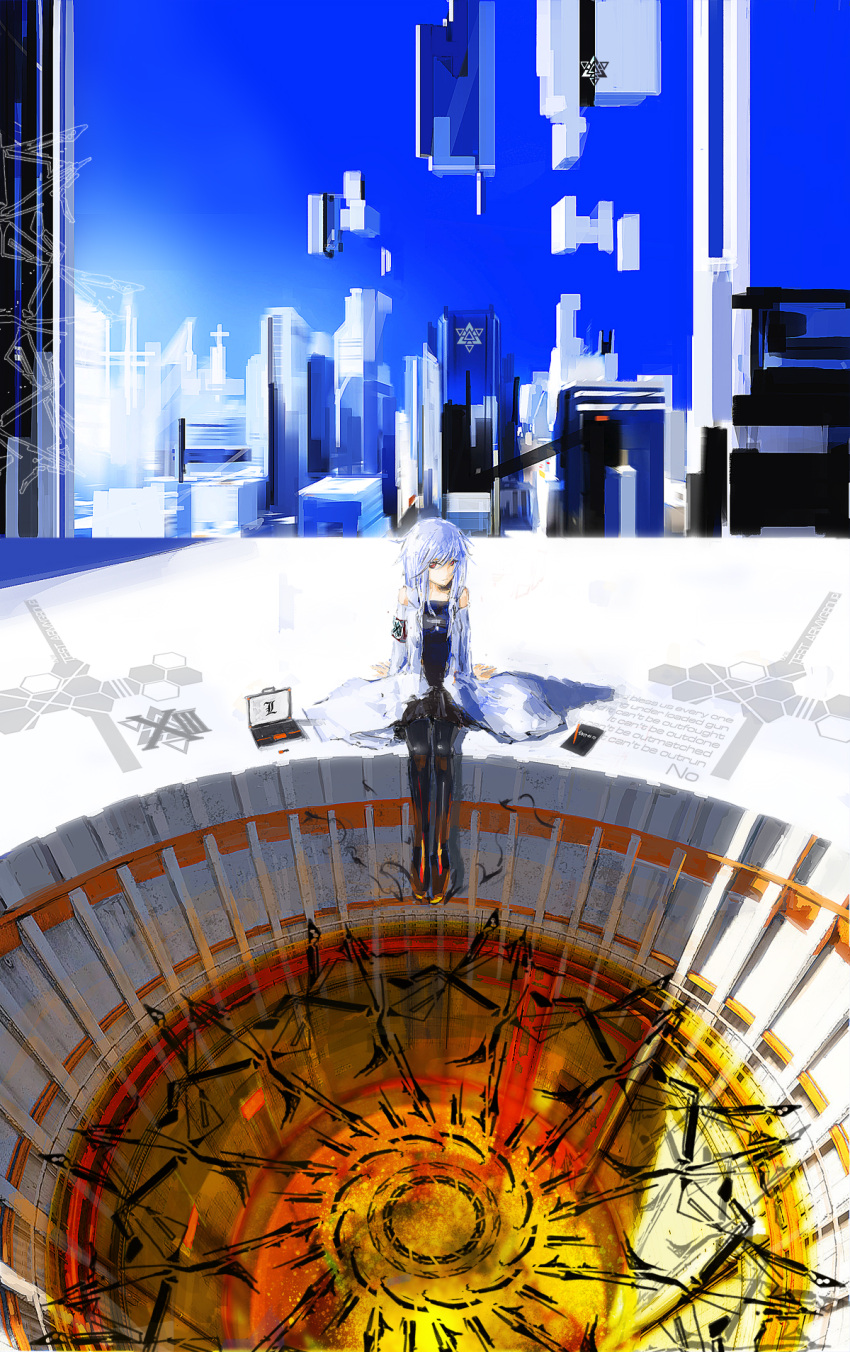 bad_id, black_legwear, cityscape, computer, death_note, eden_of_the_east, highres, hoodie, labcoat, laptop, leaning_back, linkin_park, long_hair, lowlight_kirilenko, lyrics, notebook, original, pantyhose, pencil, pixiv_fantasia, pixiv_fantasia_5, pleated_skirt, red_eyes, scenery, sitting, skirt, solo, white_hair