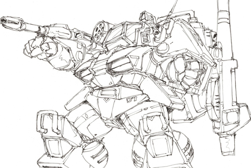 arm_cannon, clenched_hands, dougram, greyscale, highres, mecha, mecha_focus, monochrome