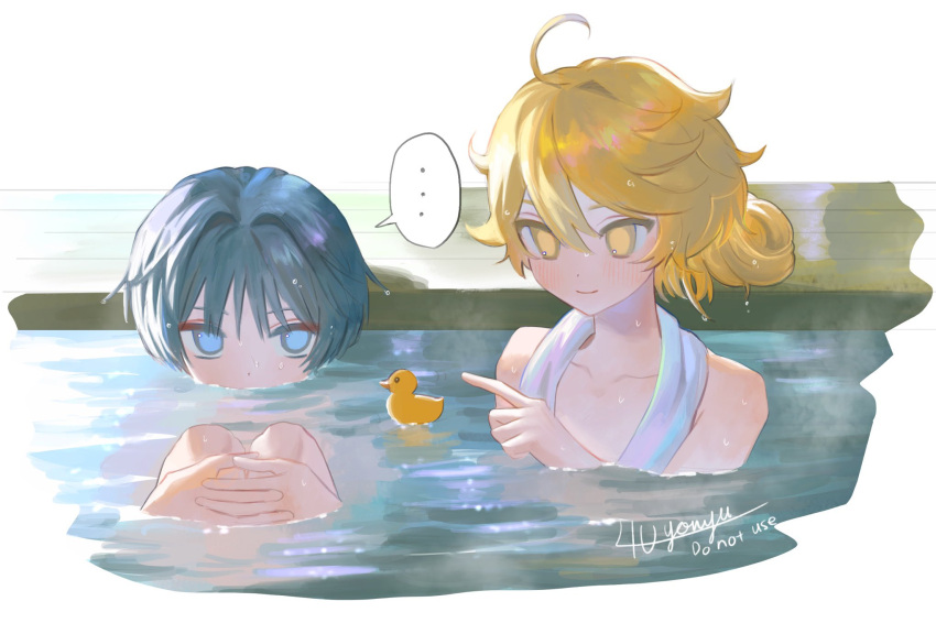 2boys, 4the2ofus, aether_(genshin_impact), ahoge, alternate_hairstyle, bare_shoulders, bathing, black_hair