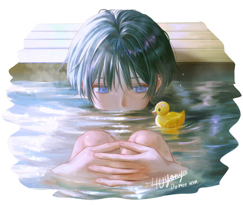 1boy, 4the2ofus, bathing, black_hair, blunt_ends, eyeliner, eyeshadow, fingernails