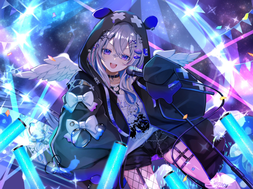 1girl, amane_kanata, amane_kanata_(punk_rock), angel_wings, belt_collar, black_hoodie, black_shorts, blue_hair