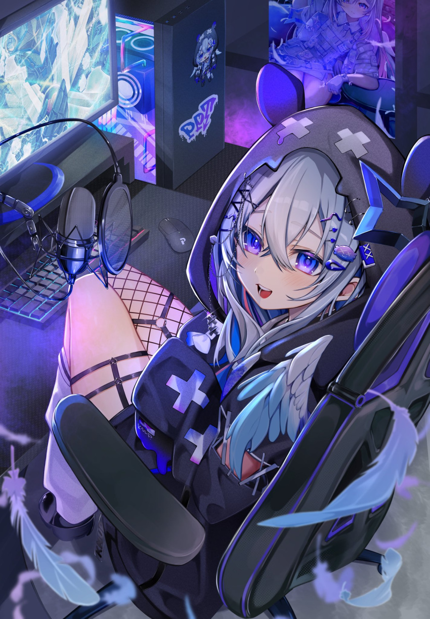 1girl, amane_kanata, amane_kanata_(punk_rock), angel_wings, black_hoodie, blue_eyes, blue_hair, chair