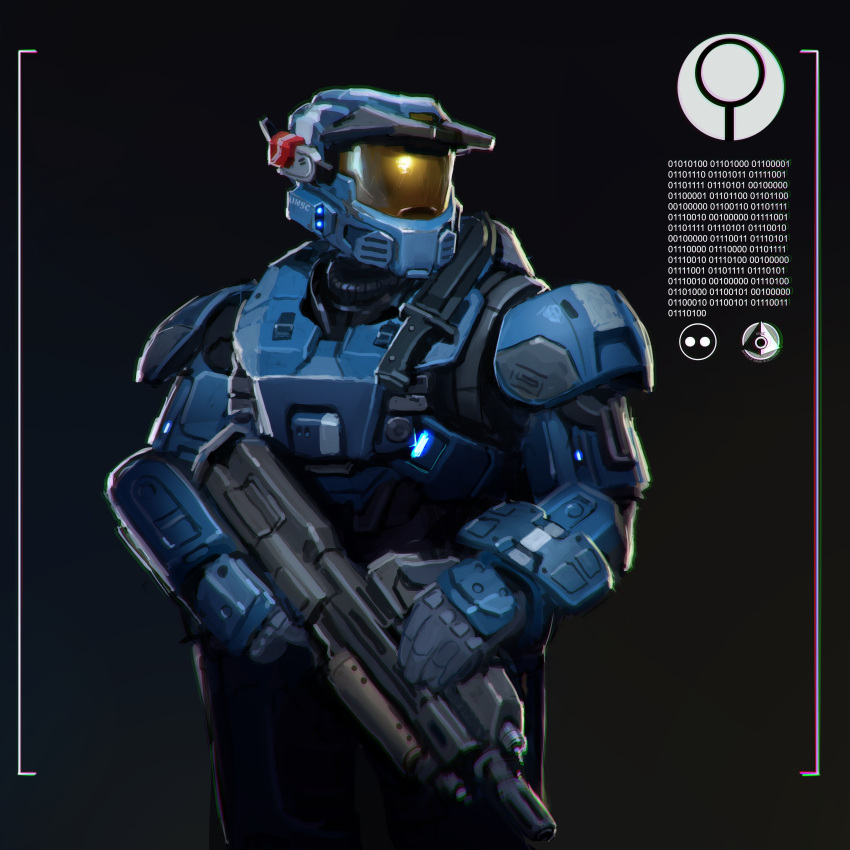 1boy, absurdres, armor, assault_rifle, assault_visor, blue_helmet, bullpup, english_commentary