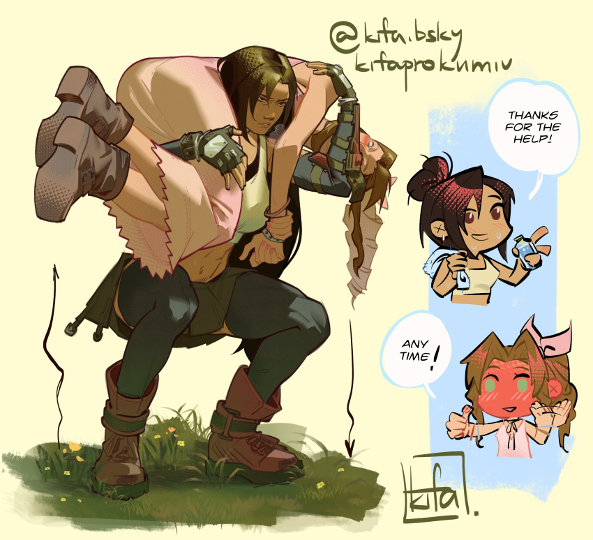 2girls, abs, absurdres, aerith_gainsborough, black_hair, blush, boots, bottle, bow, bracelet, breath, brown_hair, brown_shoes, carrying, dress, fanning_self, final_fantasy, final_fantasy_vii, final_fantasy_vii_remake, fingerless_gloves, fireman's_carry, flower, gloves, grass, green_eyes, hair_bow, highres, jewelry, kifaprokumiv, kurdupl, lifting_person, long_hair, multiple_girls, pink_dress, red_eyes, shoes, signature, skirt, squatting, sweat, tank_top, thumbs_up, tifa_lockhart, toned, towel, vambraces, water_bottle, yuri