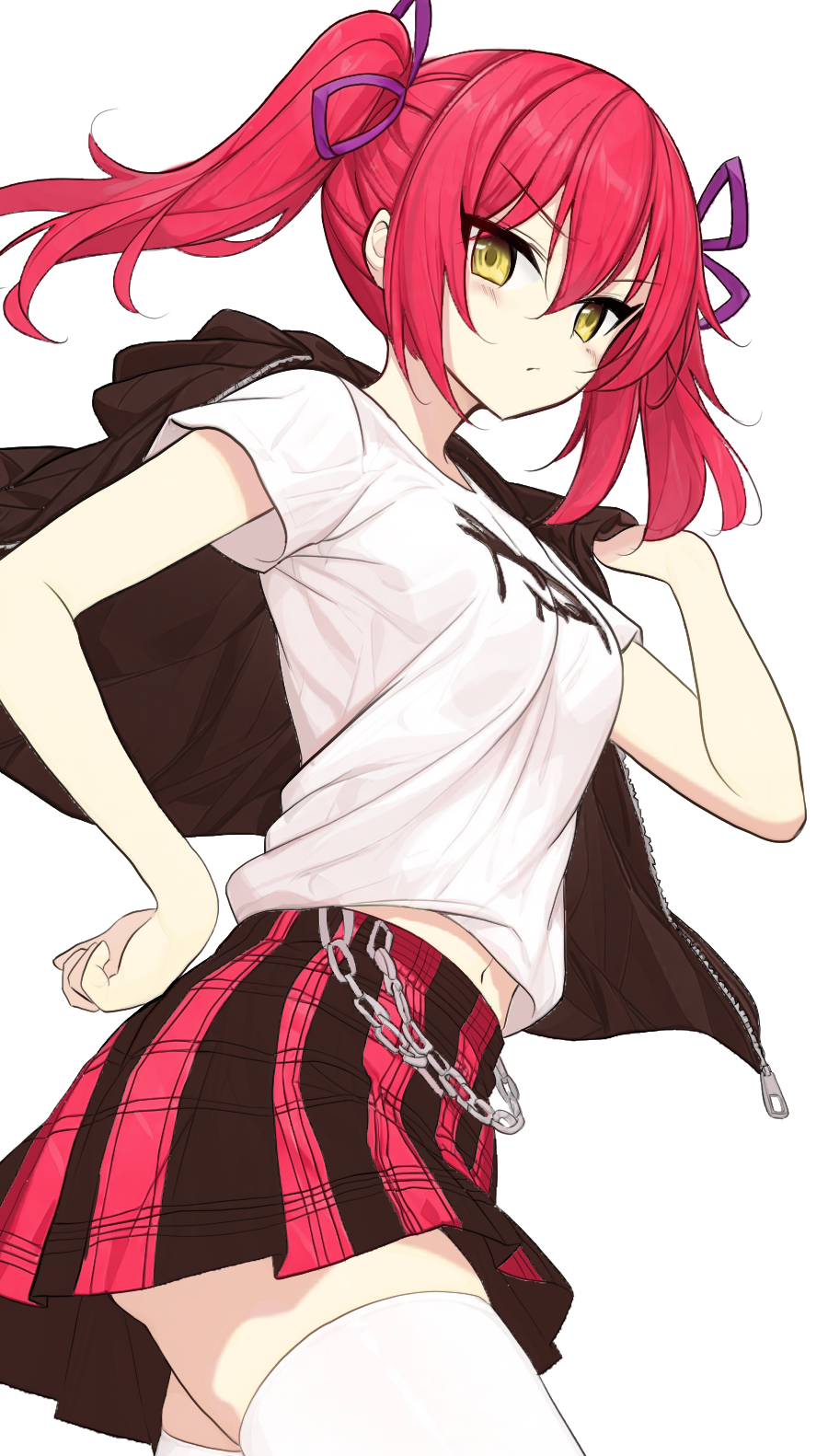 1girl, :/, black_skirt, blush, chain, closed_mouth, commentary_request, cowboy_shot, floating_hair, frown, ghost_villager, hair_between_eyes, hair_ribbon, hand_on_own_hip, hand_up, highres, holding, holding_unworn_clothes, looking_at_viewer, medium_hair, midriff_peek, miniskirt, navel, nora_to_oujo_to_noraneko_heart, partial_commentary, plaid_clothes, plaid_skirt, pleated_skirt, purple_ribbon, red_hair, red_skirt, ribbon, shirt, short_sleeves, simple_background, skirt, solo, t-shirt, takada_nobuchina, thigh-highs, twintails, two-tone_skirt, v-shaped_eyebrows, white_background, white_shirt, white_thighhighs, yellow_eyes, zettai_ryouiki