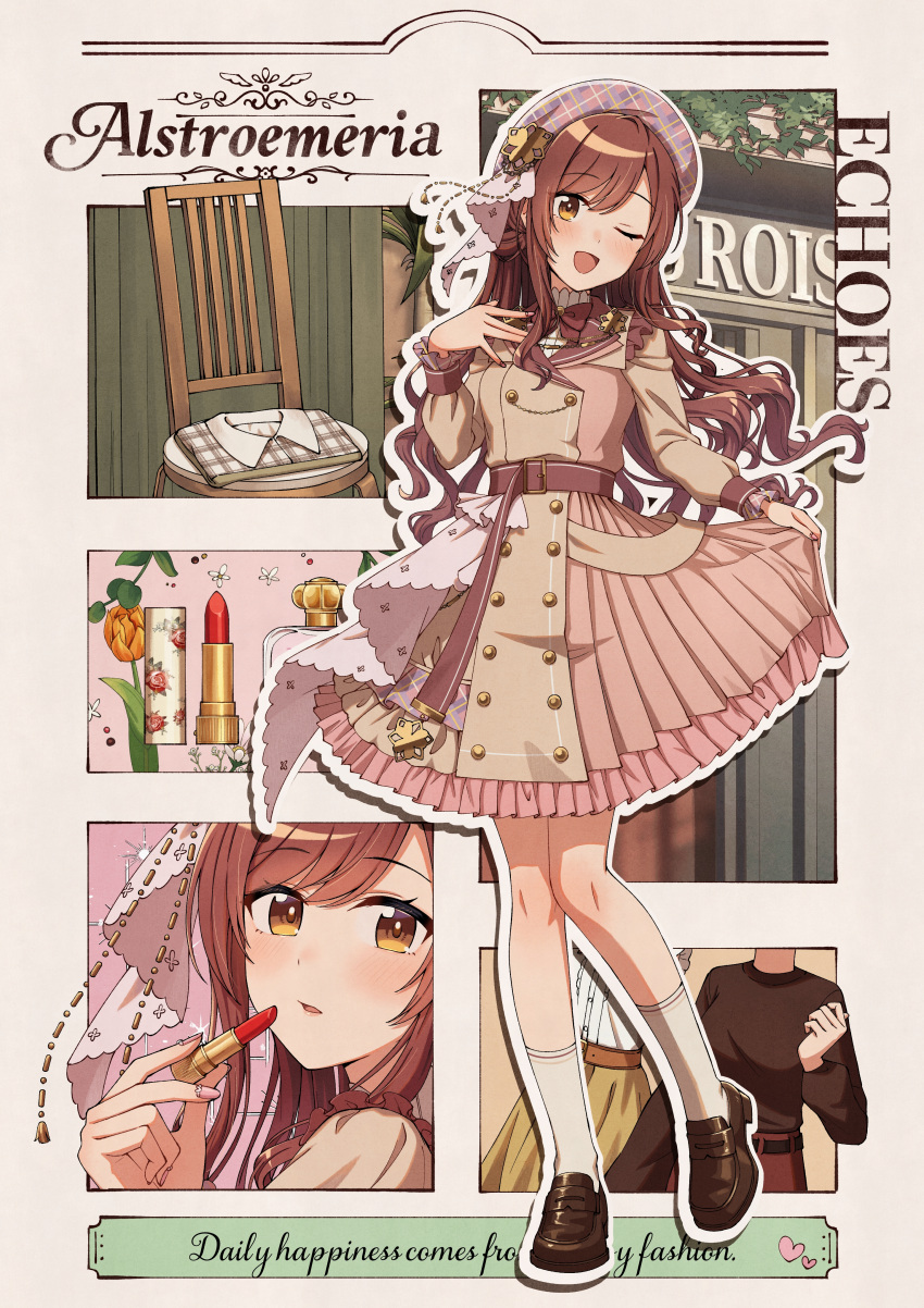 1girl, ;d, absurdres, applying_makeup, beret, blush, brown_dress, brown_shoes