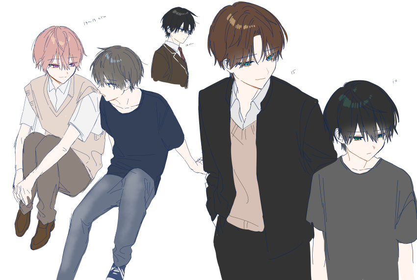 2boys, absurdres, aged_up, black_hair, black_jacket, black_pants, blue_shirt, brown_hair