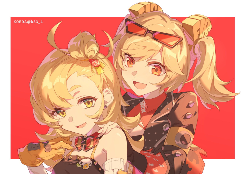 2girls, :d, artist_name, black_gloves, black_jacket, black_shirt, blonde_hair, border