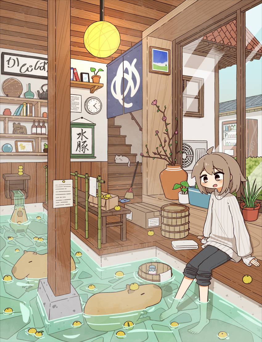 1girl, absurdres, ahoge, analog_clock, animal, barefoot, barrel, black_pants, box, broom, brown_hair, bucket, capybara, cardboard_box, cat, cheribon, clock, commentary_request, food, fruit, highres, indoors, onsen, open_mouth, orange_(fruit), original, pants, pants_rolled_up, plant, potted_plant, ribbed_sweater, shelf, sitting, soaking_feet, solo, stairs, steam, sweater, turtleneck, turtleneck_sweater, vase, vending_machine, white_sweater, window