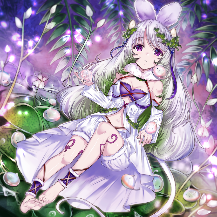 1girl, bare_shoulders, barefoot, bloomers, blush, breasts, detached_sleeves, duel_monster