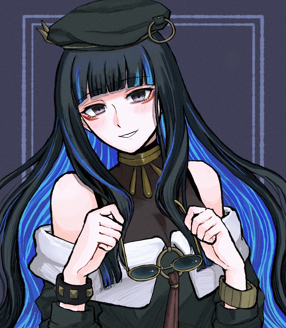 1girl, beret, black_hair, blue-tinted_eyewear, blue_hair, colored_inner_hair, fate/grand_order, fate_(series), green_eyes, green_hat, green_jacket, grey_eyes, hat, jacket, jewelry, kashiran, looking_at_viewer, multicolored_hair, neck_ring, o-ring, purple-tinted_eyewear, round_eyewear, smile, solo, sunglasses, tenochtitlan_(fate), tenochtitlan_(second_ascension)_(fate), tinted_eyewear, wavy_hair, zipper