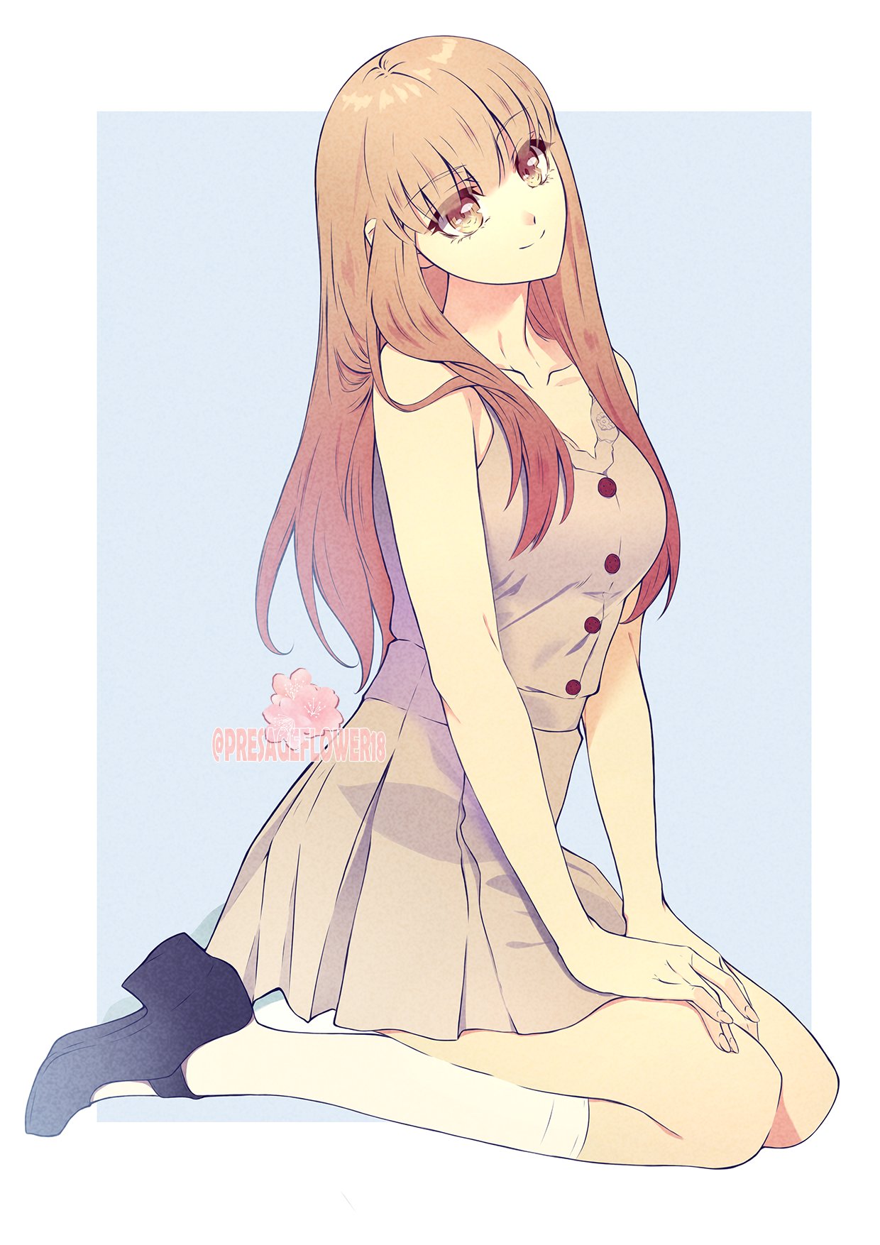 1girl, artist_name, black_shoes, breasts, brown_dress, brown_eyes, brown_hair, collarbone