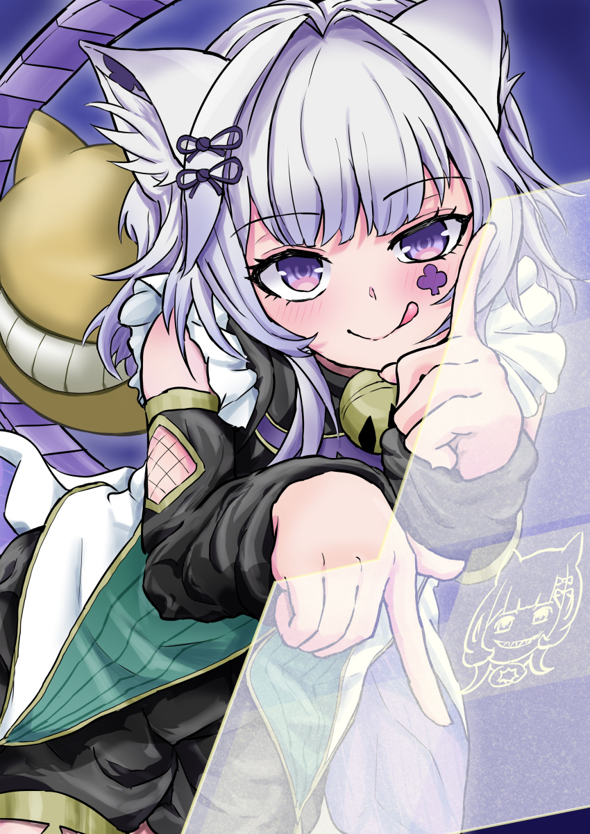 1girl, absurdres, animal_ear_fluff, animal_ears, blue_background, blush, cat_ears, cat_girl, clenched_teeth, closed_mouth, detached_sleeves, duel_monster, gt_majoyan, highres, index_finger_raised, long_sleeves, looking_at_viewer, maliss_<p>_chessy_cat, short_hair, simple_background, smile, teeth, tongue, tongue_out, violet_eyes, yu-gi-oh!