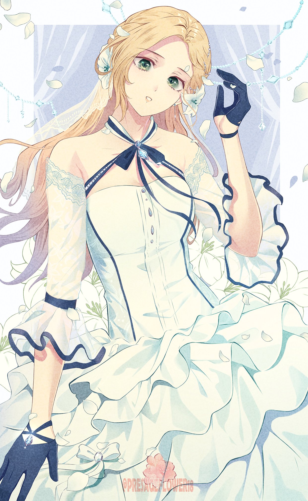 1girl, artist_name, bare_shoulders, black_gloves, blonde_hair, commentary, cowboy_shot, detached_sleeves