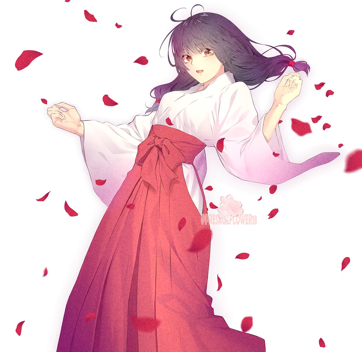 1girl, artist_name, black_hair, breasts, brown_eyes, commentary, hakama, highres