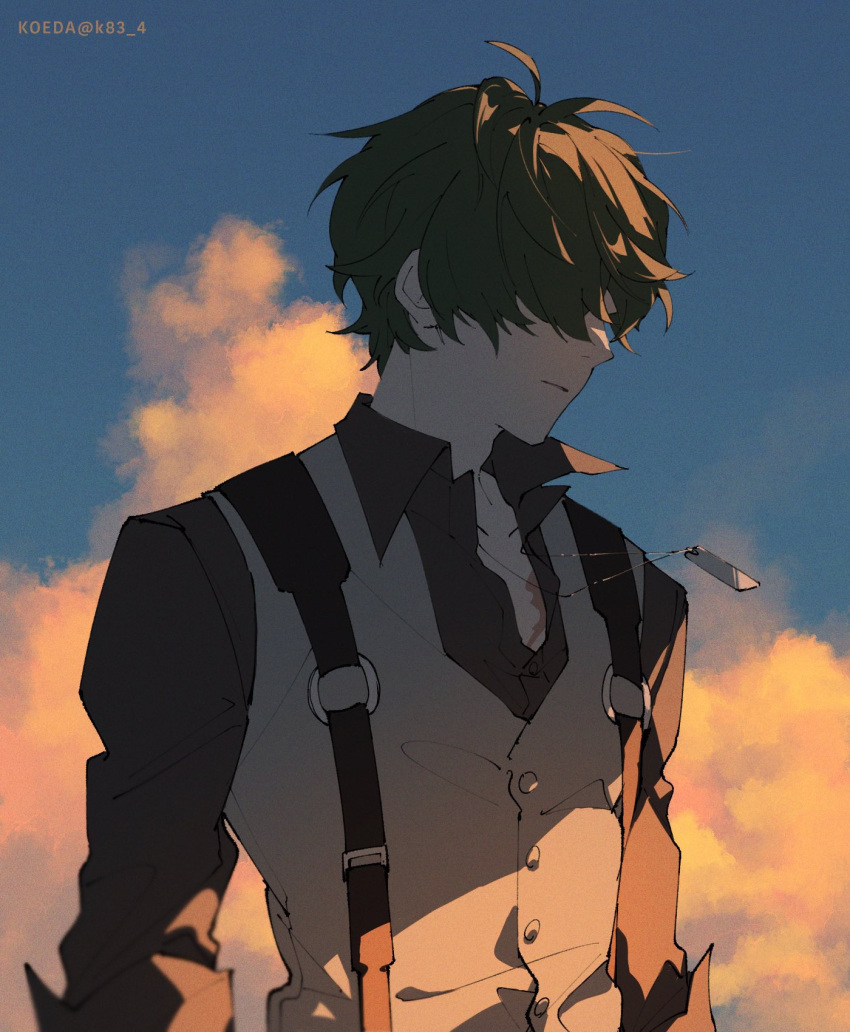 1boy, antenna_hair, artist_name, black_shirt, buttons, clouds, collarbone, collared_shirt