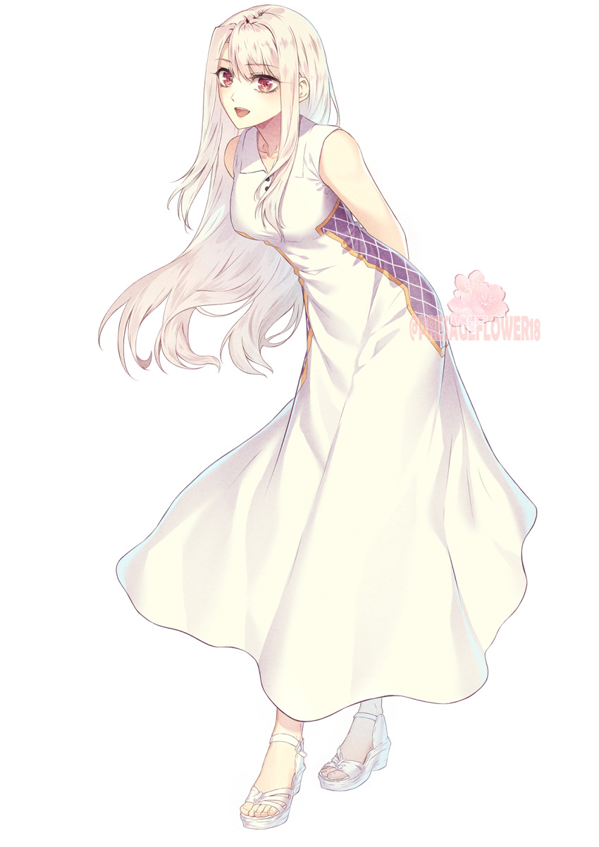 1girl, aged_up, arms_behind_back, artist_name, bent_over, breasts, commentary, dress, english_commentary, fate/stay_night, fate_(series), full_body, highres, illyasviel_von_einzbern, long_dress, long_hair, medium_breasts, open_mouth, phlower_luna, red_eyes, sandals, smile, solo, watermark, white_dress, white_hair