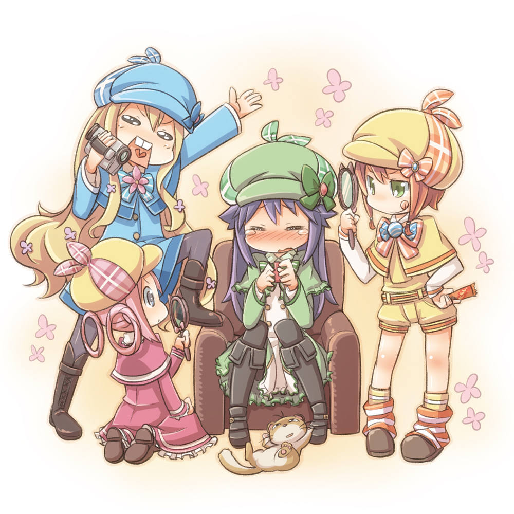 4girls, :q, blonde_hair, bow, camcorder, cat, cordelia_glauca, green_eyes