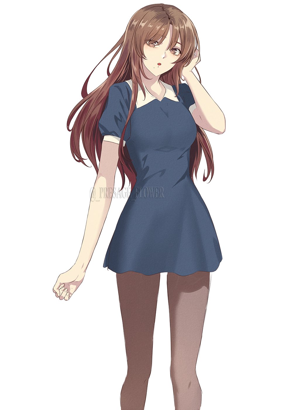 1girl, aged_up, blue_dress, breasts, brown_eyes, brown_hair, brown_pantyhose, commentary