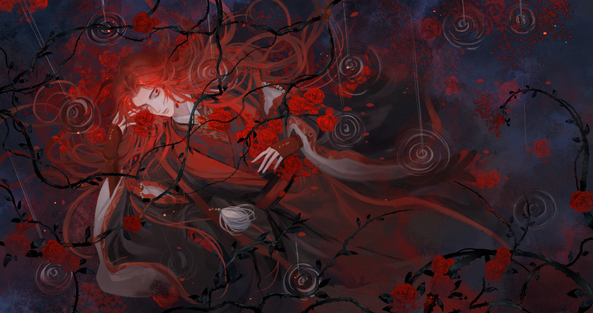 1boy, absurdres, akabane_shinnosuke, beads, belt, black_hanfu, black_sleeves, chinese_clothes