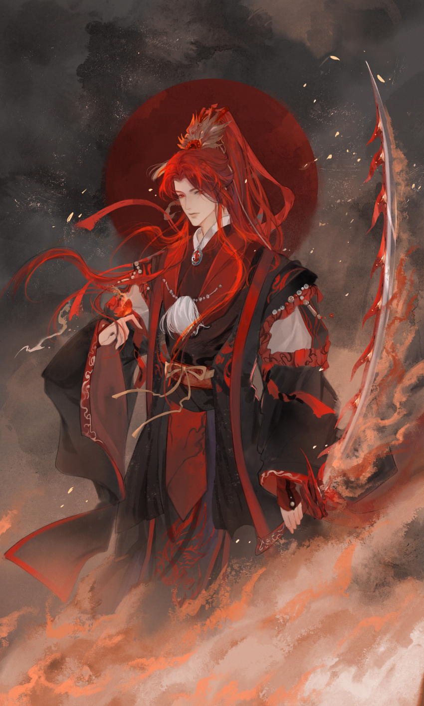 1boy, absurdres, akabane_shinnosuke, black_hanfu, black_sleeves, chinese_clothes, closed_mouth, curtained_hair