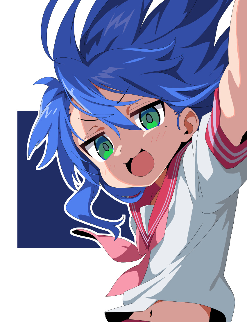 >:), 1girl, :3, :d, absurdres, arm_up, blue_background, blue_hair, green_eyes, hair_between_eyes, highres, izumi_konata, jumping, looking_at_viewer, lucky_star, maorisu_henkyo_haku, messy_hair, midriff_peek, mole, mole_under_eye, navel, open_mouth, outline, pink_sailor_collar, ryouou_school_uniform, sailor_collar, school_uniform, shirt, simple_background, smile, solo, two-tone_background, upper_body, v-shaped_eyebrows, white_background, white_outline, white_shirt