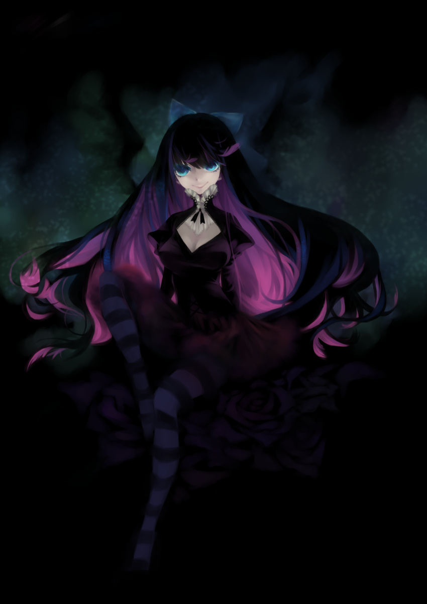 :>, absurdres, black, blue_eyes, cleavage_cutout, dark, flower, flowers, hair_ribbon, highres, legs, long_hair, multicolored_hair, panty_&amp;_stocking_with_garterbelt, ribbon, sitting, smile, solo, stocking_(character), stocking_(psg), striped, striped_legwear, striped_thighhighs, thigh-highs, thighhighs, yukino_neko