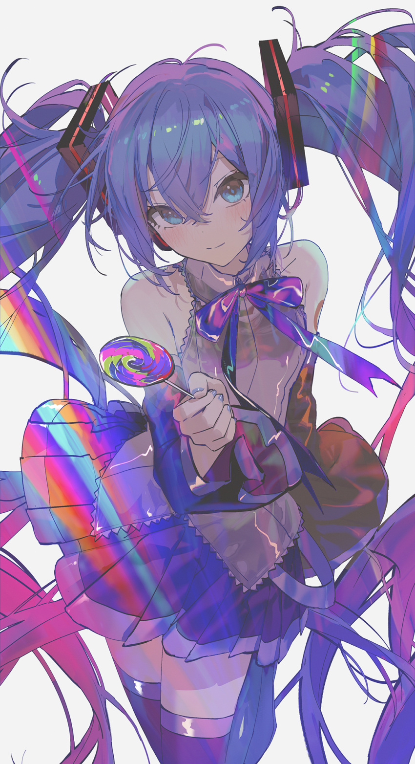1girl, arm_behind_back, bare_shoulders, blue_bow, blue_bowtie, blue_eyes, blue_hair, blue_nails, blush, boots, bow, bowtie, candy, chinese_commentary, closed_mouth, commentary_request, cowboy_shot, detached_sleeves, dispersion_(optics), food, grey_hair, grey_shirt, hair_between_eyes, hair_ornament, hatsune_miku, highres, holding, holding_candy, holding_food, holding_lollipop, kieed, large_variant_set, leg_up, lollipop, long_hair, looking_at_viewer, miku_day, nail_polish, pleated_skirt, shirt, simple_background, skirt, sleeveless, sleeveless_shirt, solo, thigh_boots, twintails, variant_set, very_long_hair, vocaloid, zettai_ryouiki