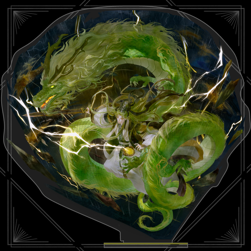 1boy, absurdres, belt, black_background, black_shoes, border, chinese_clothes, closed_mouth, curtained_hair, dragon, eastern_dragon, floating_clothes, floating_hair, from_above, full_body, green_hair, grey_border, hanfu, highres, holding, holding_sword, holding_weapon, inset_border, jinguang_budaixi, layered_sleeves, lightning, long_sidelocks, long_sleeves, looking_ahead, male_focus, mo_cangli, parted_bangs, patterned_clothing, shoes, sidelocks, sleeves_past_wrists, solo, standing, sword, three_quarter_view, weapon, white_hanfu, white_sleeves, wide_sleeves, xiao_guan_(headdress), yellow_eyes, yellow_gemstone, yydxueqing
