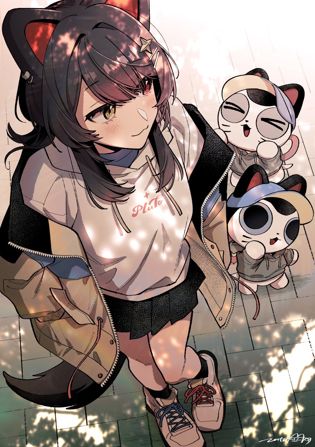 :3, animal_ears, banken_(inui_toko), black_hair, black_skirt, blue_shirt, blush, chibi