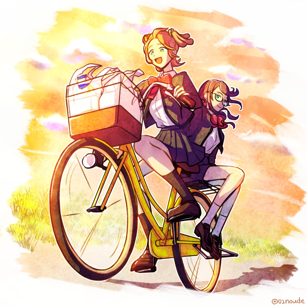 02noude, 2girls, :d, ankle_socks, arms_at_sides, bag, basket, bicycle