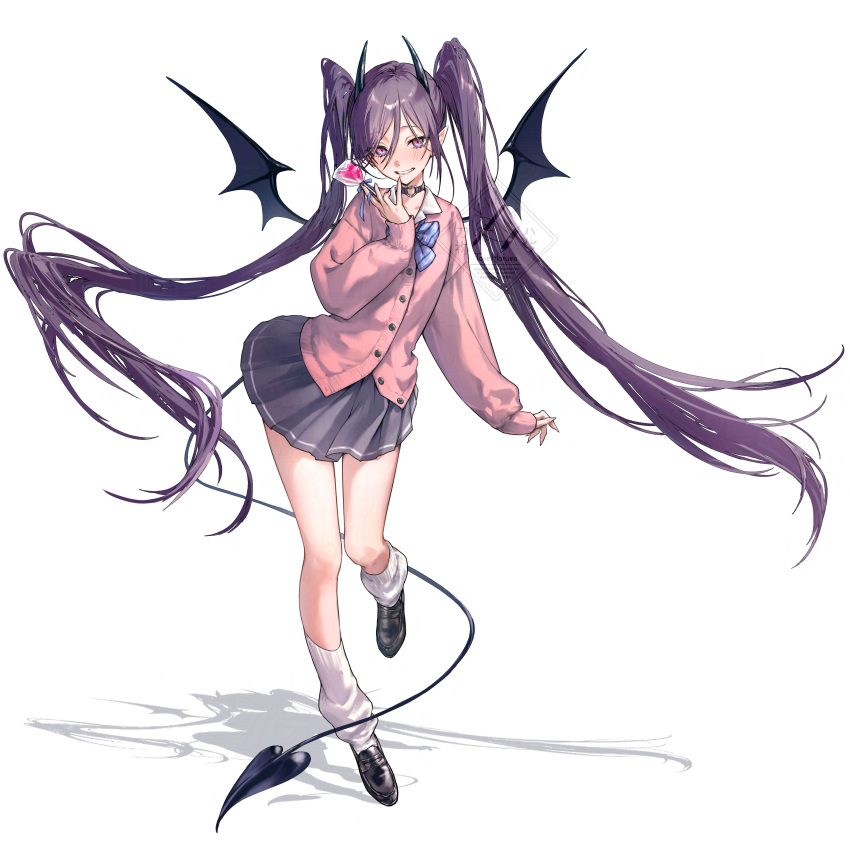 1girl, absurdres, bow, bowtie, cardigan, demon_girl, demon_horns, demon_tail, demon_wings, floating, floating_hair, full_body, highres, horns, long_hair, looking_at_viewer, original, pink_cardigan, pleated_skirt, purple_hair, school_uniform, simple_background, skirt, solo, tail, tone_haruma, twintails, very_long_hair, violet_eyes, white_background, wings