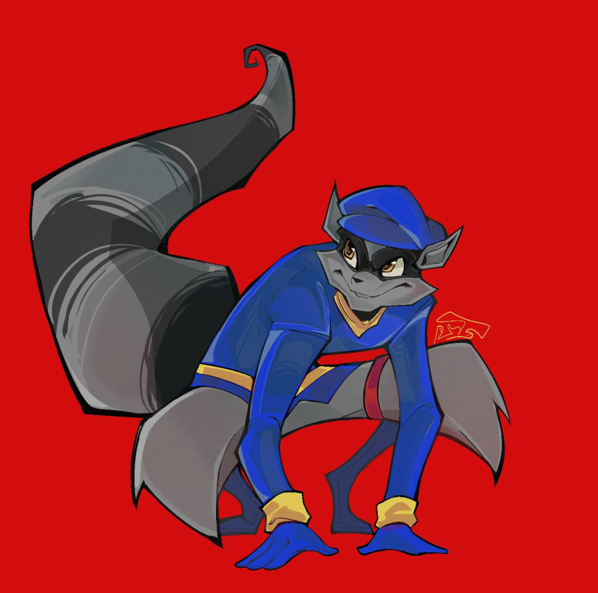 1boy, animal_ears, black_fur, blue_hat, blue_shirt, blue_shoes, english_commentary, furry, grey_fur, hat, highres, looking_to_the_side, masked, multicolored_fur, poopiepluto, raccoon_boy, raccoon_ears, raccoon_tail, red_background, shirt, shoes, sly_cooper, sly_cooper_(series), smile, squatting, tail