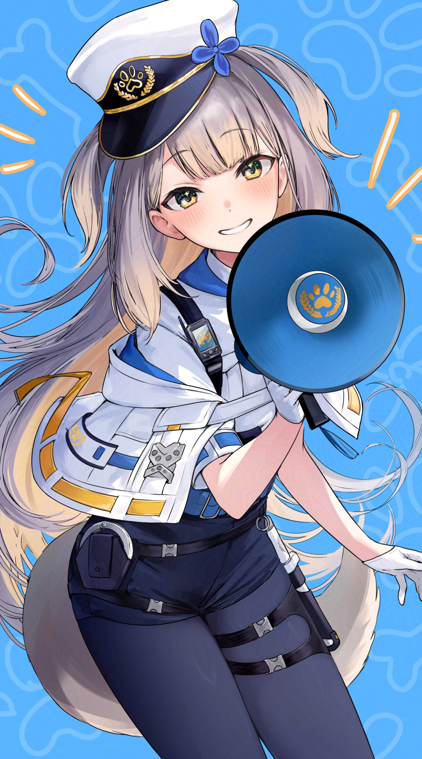 1girl, absurdres, animal_ears, blue_background, blue_pants, dog_ears, dog_girl, dog_tail