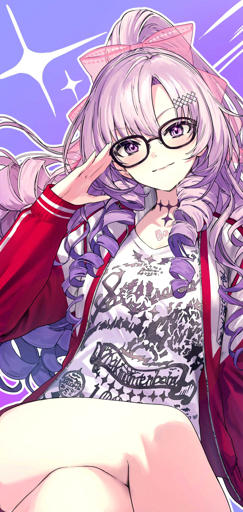 1girl, absurdres, adjusting_eyewear, closed_mouth, drill_hair, glasses, hair_ornament, highres