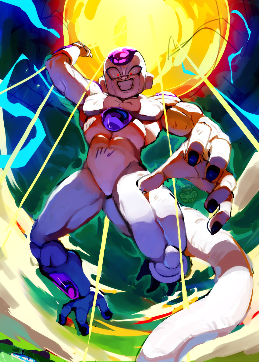 1boy, absurdres, arm_up, aura, cloud, colored_skin, dragon_ball, dragon_ball_z