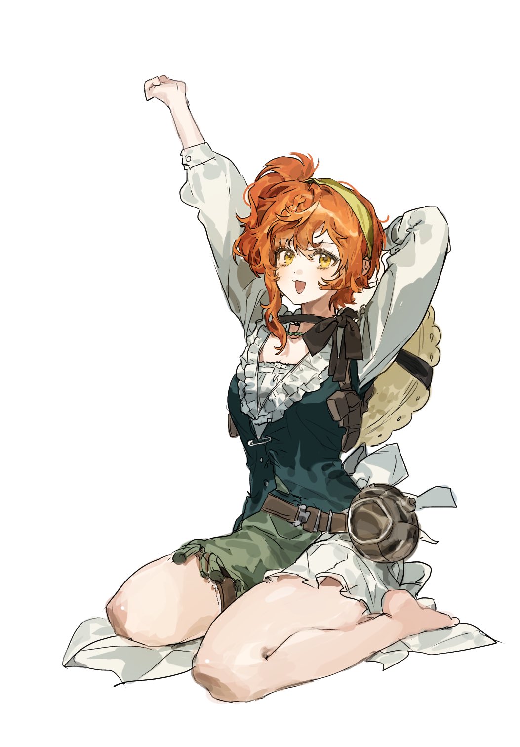 1girl, :d, arms_up, bare_legs, barefoot, blue_vest, crucible, full_body