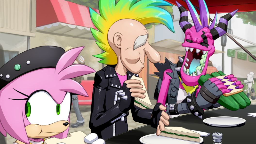1girl, amy_rose, black_jacket, closed_eyes, colored_skin, cucumber, eating, fingerless_gloves