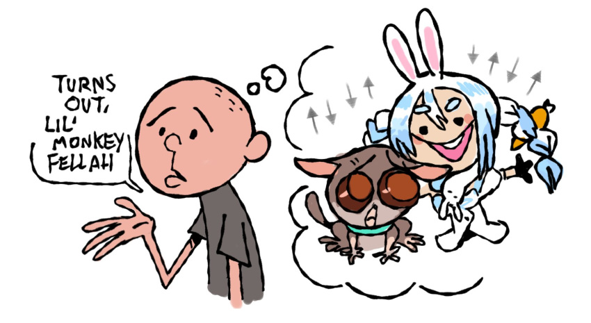 1boy, 1girl, animal_ear_fluff, animal_ears, arrow_(symbol), black_gloves, blue_hair, braid