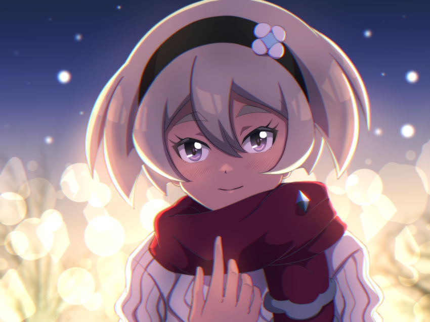1girl, bea_(palentine's_2022)_(pokemon), bea_(pokemon), black_hairband, blurry, blurry_background, closed_mouth, commentary_request