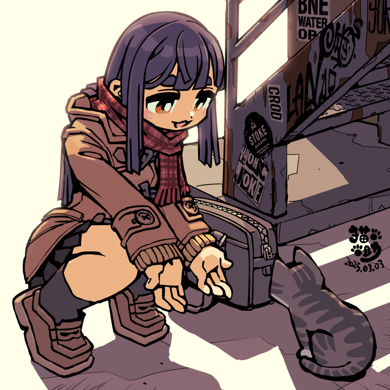 1girl, animal, black_skirt, brown_coat, brown_shoes, cat, coat, dated