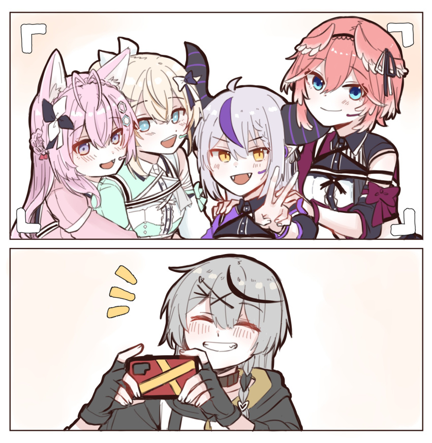 5girls, absurdres, ahoge, animal_ears, blonde_hair, blue_eyes, braid, cellphone
