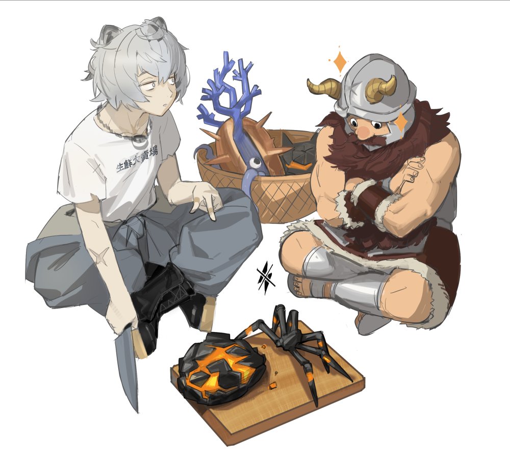 2boys, animal_ears, arknights, basket, bear_ears, beard, black_boots, boots, brown_shorts, commentary_request, crossed_arms, crossed_legs, cutting_board, dungeon_meshi, dwarf, facial_hair, fake_horns, grey_eyes, grey_hair, grey_pants, helmet, holding, holding_knife, horned_helmet, horns, infused_originium_slug_(arknights), jaye_(arknights), jaye_(elite_ii)_(arknights), jewelry, kegani_(kegani01), knife, looking_at_another, looking_down, male_focus, multiple_boys, muscular, muscular_male, mustache, necklace, nethersea_spewer_(arknights), originium_slug_(arknights), pants, pointing, pointing_down, sandals, scar, scar_on_arm, senshi_(dungeon_meshi), shin_guards, shirt, shorts, simple_background, sparkle, t-shirt, teaching, thick_mustache, white_background, white_shirt