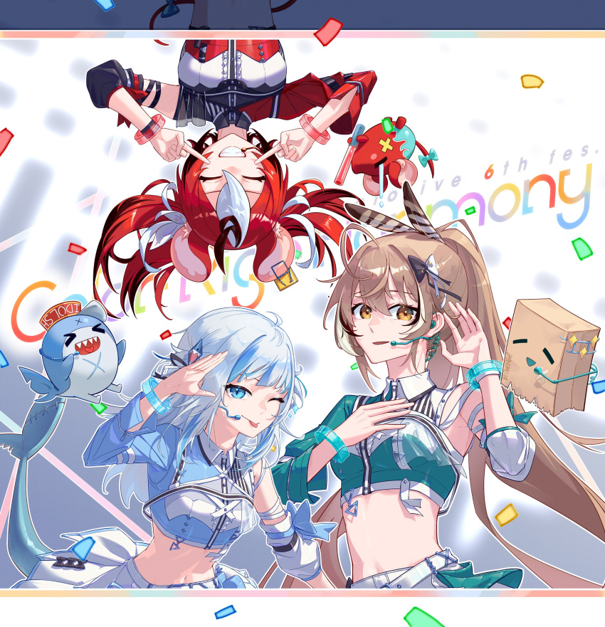 3girls, absurdres, animal_ears, asymmetrical_sleeves, bloop_(gawr_gura), blue_eyes, brown_eyes, brown_hair