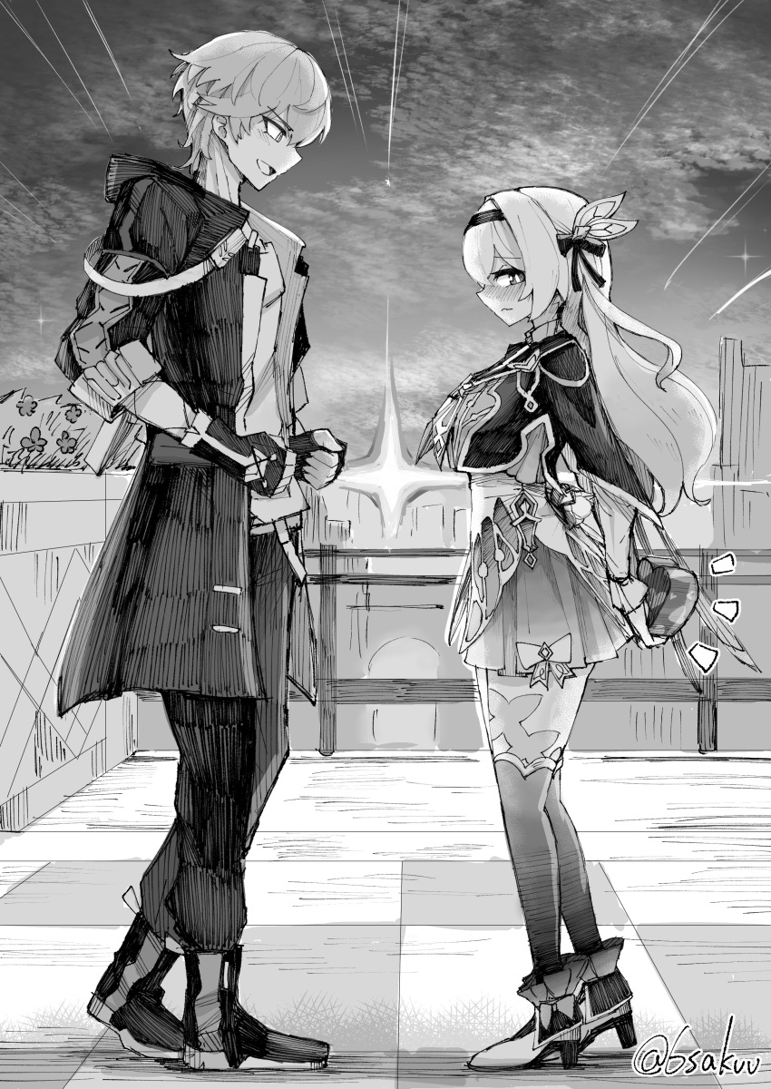 6sakuu, absurdres, black_hairband, blush, box, caelus_(honkai:_star_rail), checkered_floor, clouds