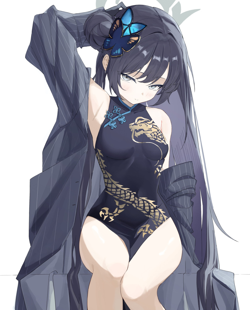 1girl, absurdres, black_dress, black_hair, blue_archive, blush, breasts, butterfly_hair_ornament, china_dress, chinese_clothes, covered_navel, dragon_print, dress, dusk_ming, hair_bun, hair_ornament, halo, highres, kisaki_(blue_archive), looking_at_viewer, print_dress, simple_background, solo, tsurime, white_background