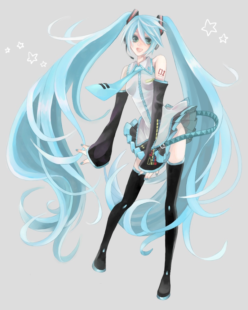 bad_id, blue_hair, detached_sleeves, green_eyes, hatsune_miku, long_hair, moneko, necktie